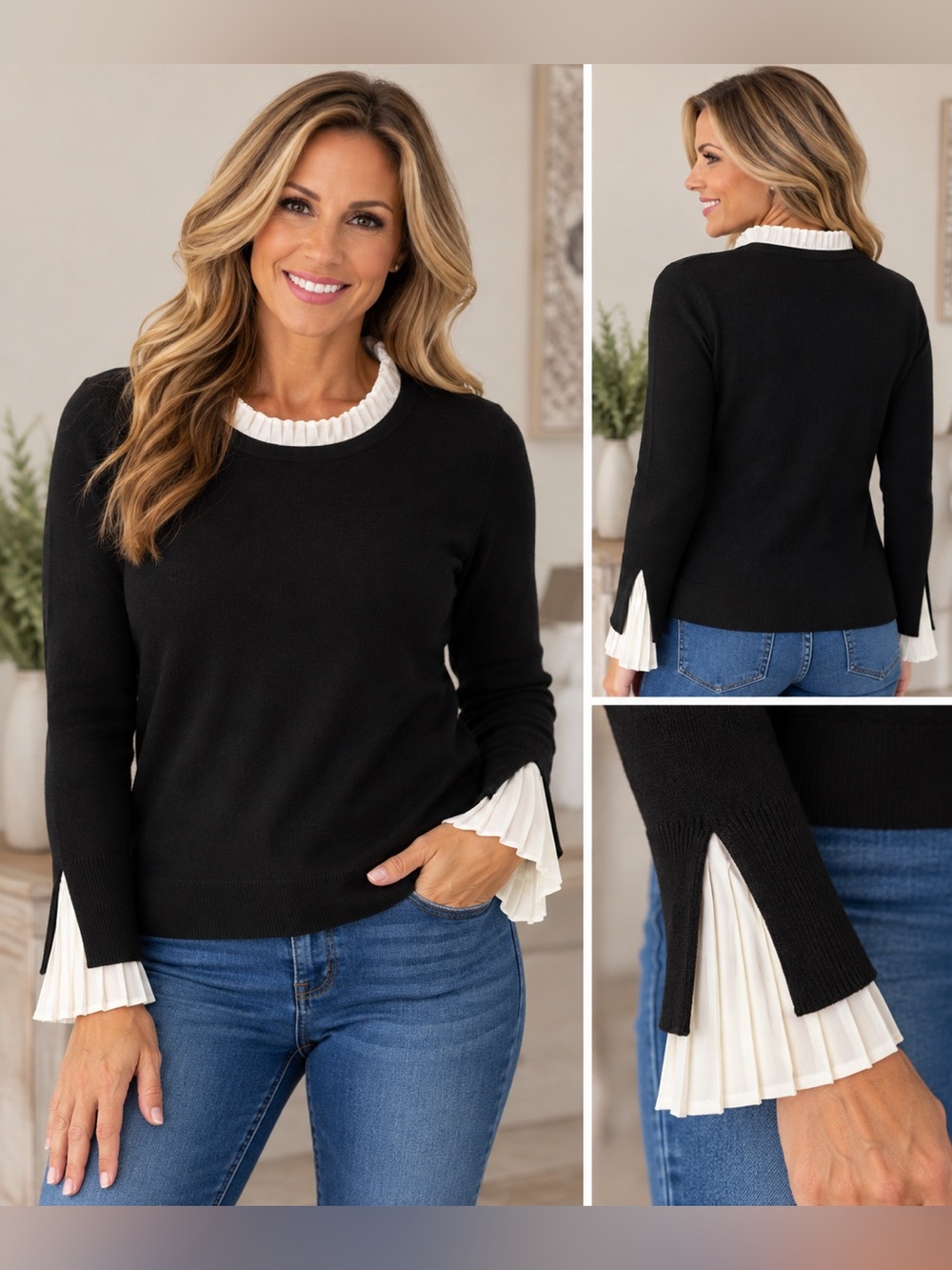 Vivian Mladen Black Sweater with Pleated Detail — XL